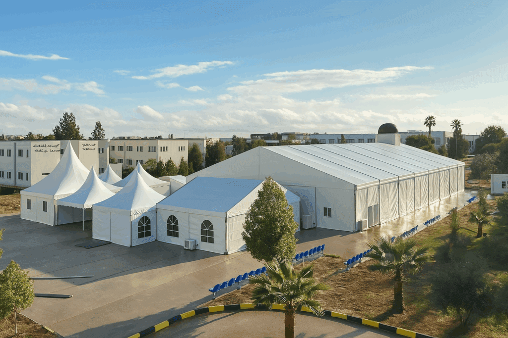 Event Setup with Tents and Palm Trees